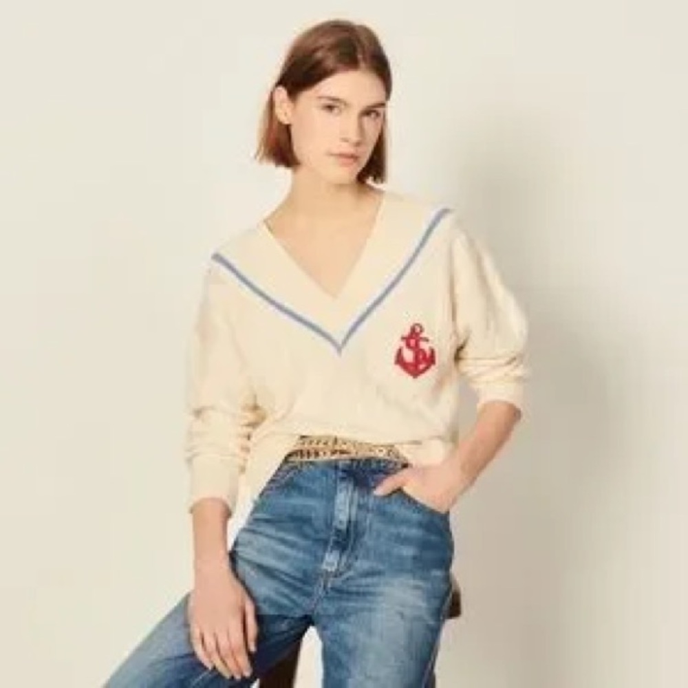 Sandro Cream V-Neck Sweater with Red Anchor